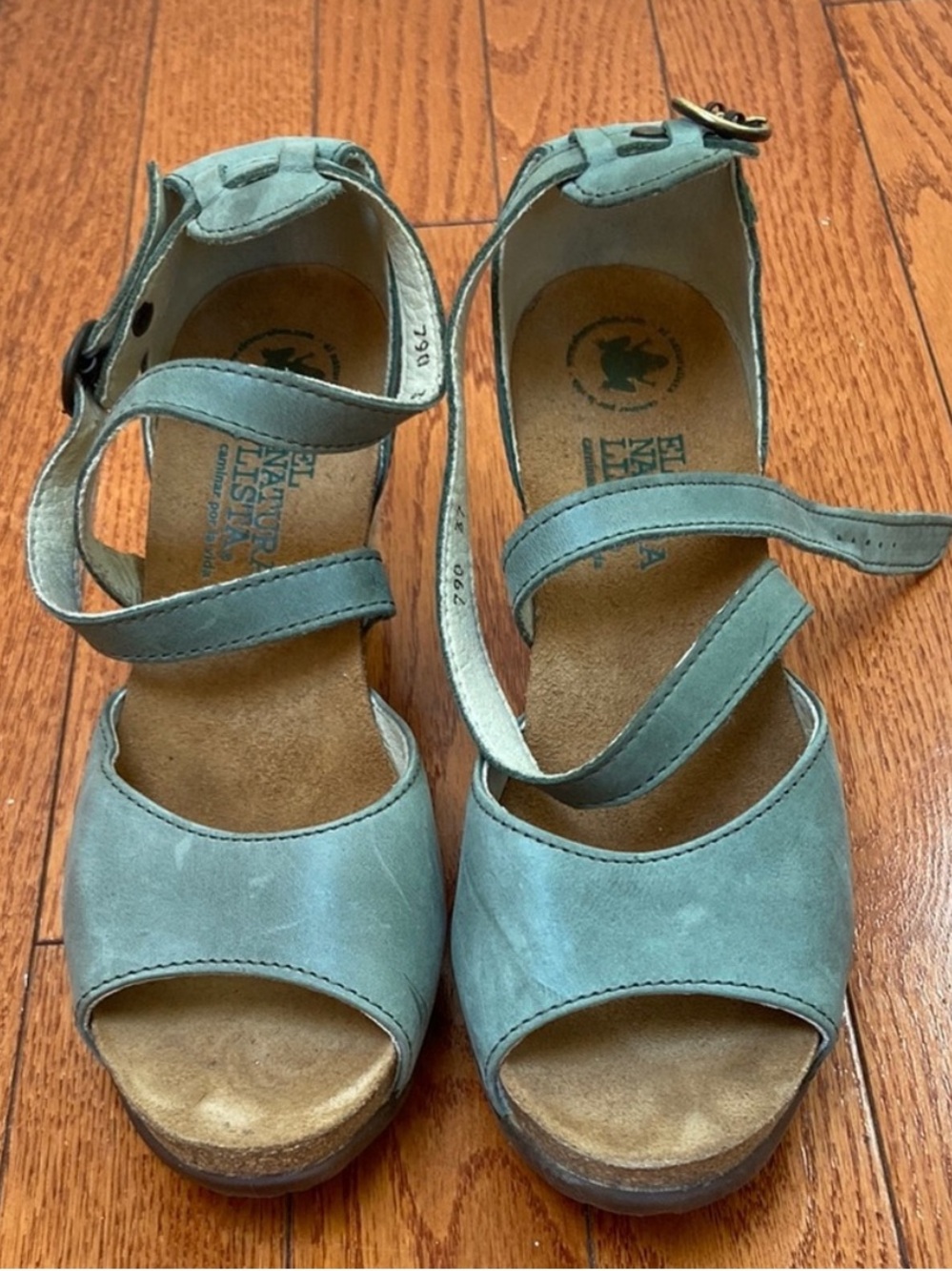 Women's Leather Ankle-Strap Wedge Sandals in Light Teal